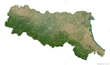 Emilia-Romagna, İtalya bölgesi. Sentinel-2 uydu görüntüleri. Beyaz üzerinde izole edilmiş şekil. Tanımı, başkentin yeri. Değiştirilmiş Kopernik Sentinel verileri içerir