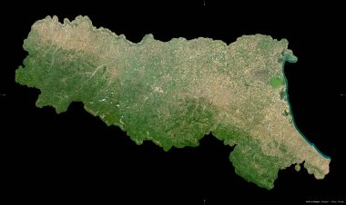 Emilia-Romagna, İtalya bölgesi. Sentinel-2 uydu görüntüleri. Siyah üzerine izole edilmiş şekil. Tanımı, başkentin yeri. Değiştirilmiş Kopernik Sentinel verileri içerir
