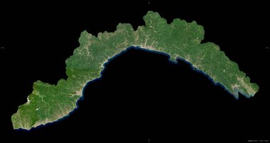 Liguria, İtalya bölgesi. Sentinel-2 uydu görüntüleri. Siyah üzerine izole edilmiş şekil. Tanımı, başkentin yeri. Değiştirilmiş Kopernik Sentinel verileri içerir