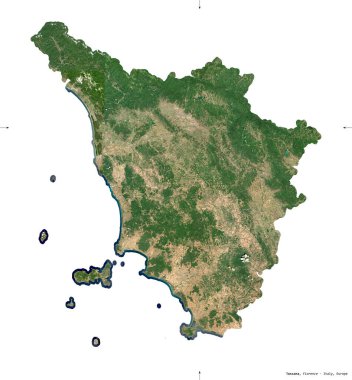 Toscana, İtalya bölgesi. Sentinel-2 uydu görüntüleri. Beyaz üzerinde izole edilmiş şekil. Tanımı, başkentin yeri. Değiştirilmiş Kopernik Sentinel verileri içerir