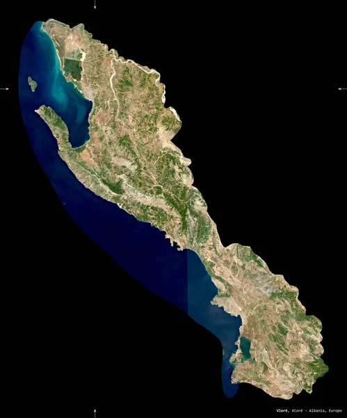 Vlore, county of Albania. Sentinel-2 satellite imagery. Shape isolated on black. Description, location of the capital. Contains modified Copernicus Sentinel data