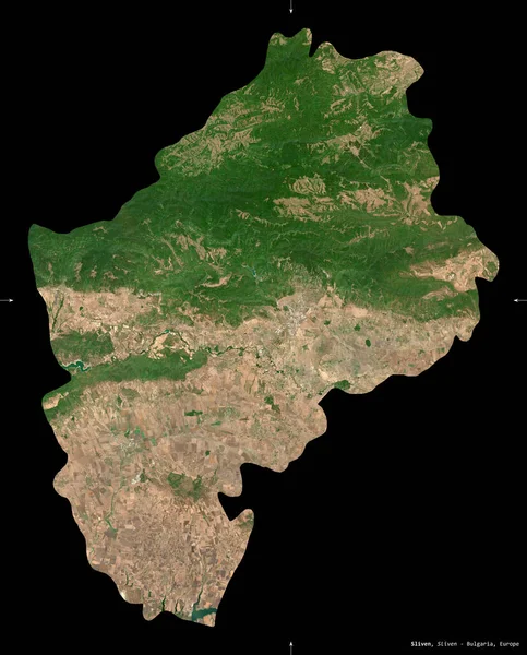 Sliven Province Bulgaria Sentinel Satellite Imagery Shape Isolated Black Description — Stock Photo, Image