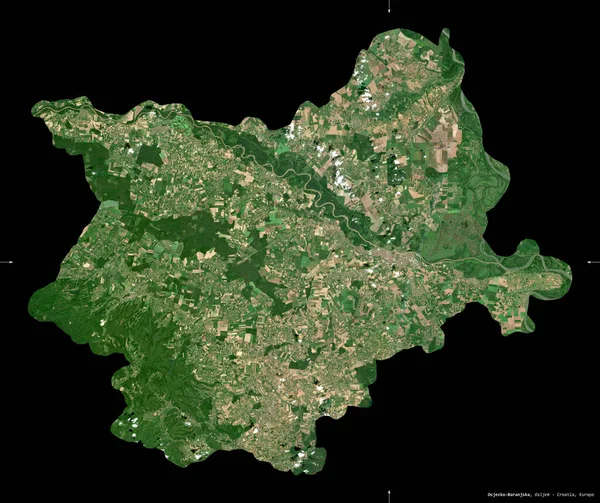 Osjecko-Baranjska, Hırvatistan ilçesi. Sentinel-2 uydu görüntüleri. Siyah üzerine izole edilmiş şekil. Tanımı, başkentin yeri. Değiştirilmiş Kopernik Sentinel verileri içerir