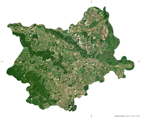 Osjecko-Baranjska, Hırvatistan ilçesi. Sentinel-2 uydu görüntüleri. Beyaz üzerinde izole edilmiş şekil. Tanımı, başkentin yeri. Değiştirilmiş Kopernik Sentinel verileri içerir