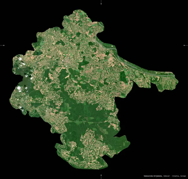 Vukovarsko-Srijemska, Hırvatistan ilçesi. Sentinel-2 uydu görüntüleri. Siyah üzerine izole edilmiş şekil. Tanımı, başkentin yeri. Değiştirilmiş Kopernik Sentinel verileri içerir