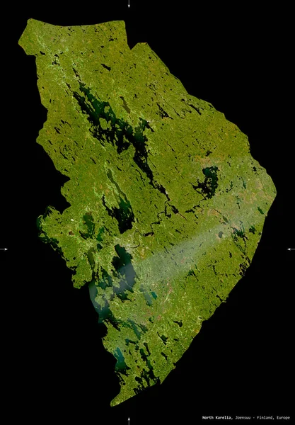 Kuzey Karelya, Finlandiya bölgesi. Sentinel-2 uydu görüntüleri. Siyah üzerine izole edilmiş şekil. Tanımı, başkentin yeri. Değiştirilmiş Kopernik Sentinel verileri içerir