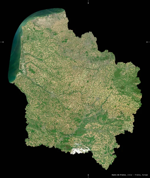 Hauts-de-France, region of France. Sentinel-2 satellite imagery. Shape isolated on black. Description, location of the capital. Contains modified Copernicus Sentinel data