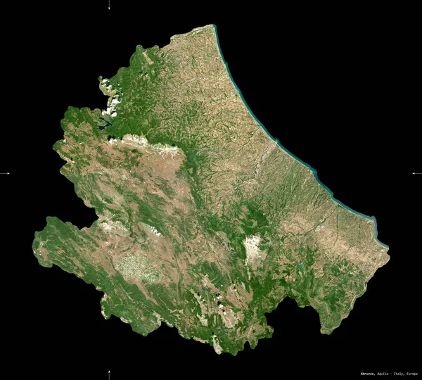 Abruzzo, İtalya bölgesi. Sentinel-2 uydu görüntüleri. Siyah üzerine izole edilmiş şekil. Tanımı, başkentin yeri. Değiştirilmiş Kopernik Sentinel verileri içerir
