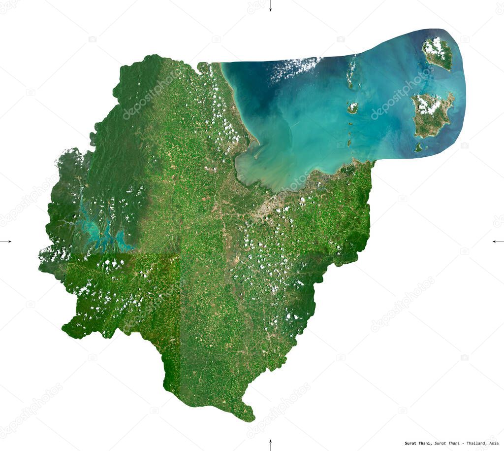 Surat Thani, province of Thailand. Sentinel-2 satellite imagery. Shape isolated on white. Description, location of the capital. Contains modified Copernicus Sentinel data