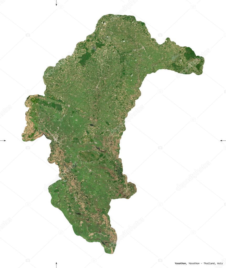 Yasothon, province of Thailand. Sentinel-2 satellite imagery. Shape isolated on white. Description, location of the capital. Contains modified Copernicus Sentinel data