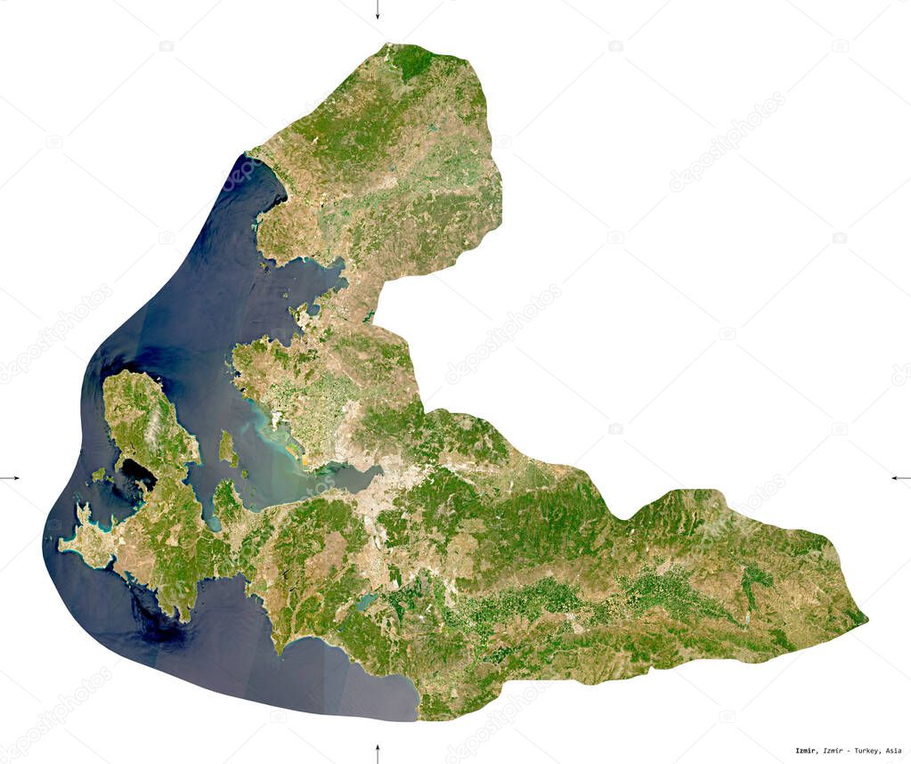 Izmir, province of Turkey. Sentinel-2 satellite imagery. Shape isolated on white. Description, location of the capital. Contains modified Copernicus Sentinel data