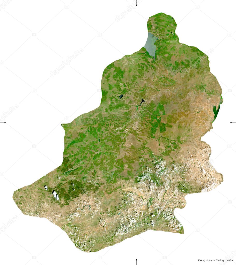 Kars, province of Turkey. Sentinel-2 satellite imagery. Shape isolated on white. Description, location of the capital. Contains modified Copernicus Sentinel data