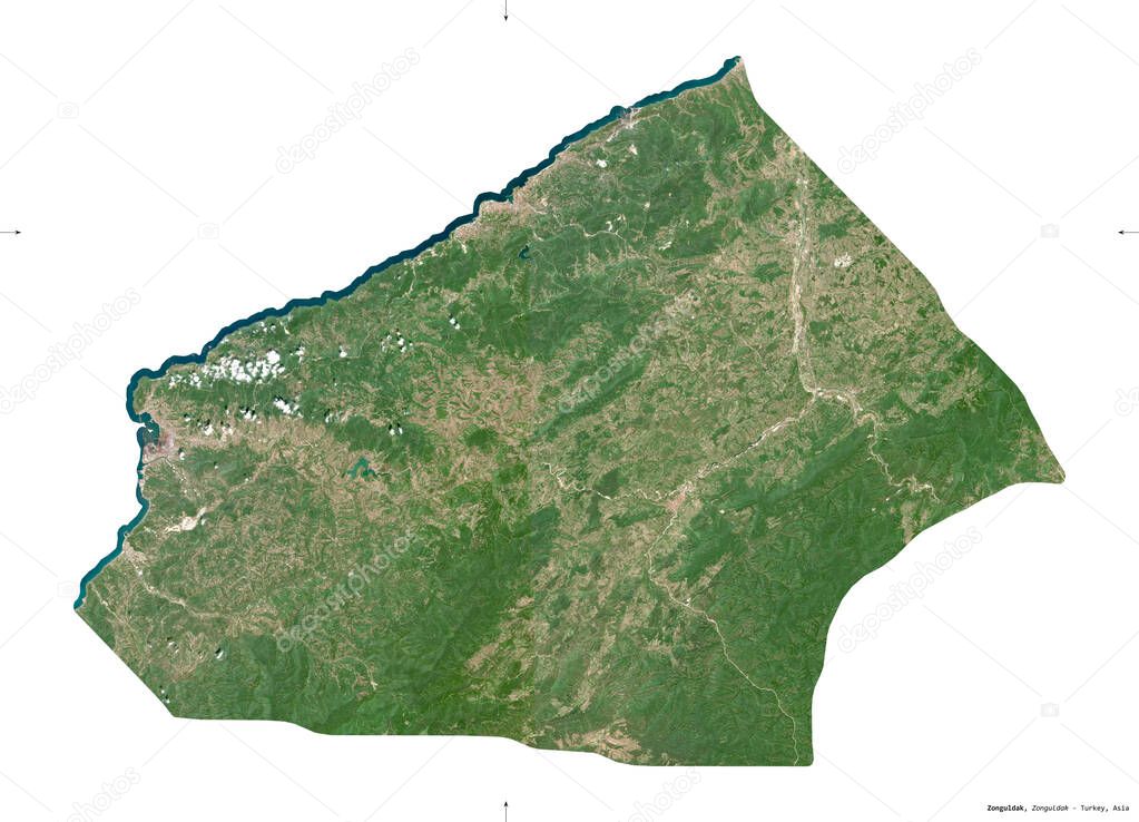 Zonguldak, province of Turkey. Sentinel-2 satellite imagery. Shape isolated on white. Description, location of the capital. Contains modified Copernicus Sentinel data