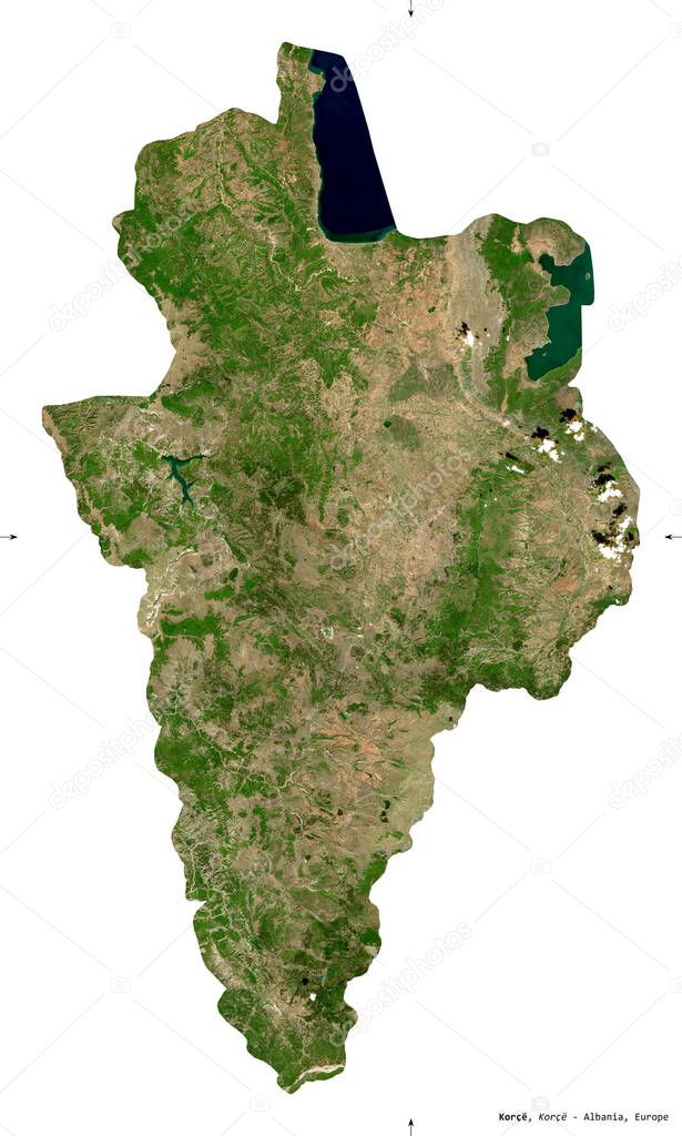 Korce, county of Albania. Sentinel-2 satellite imagery. Shape isolated on white. Description, location of the capital. Contains modified Copernicus Sentinel data