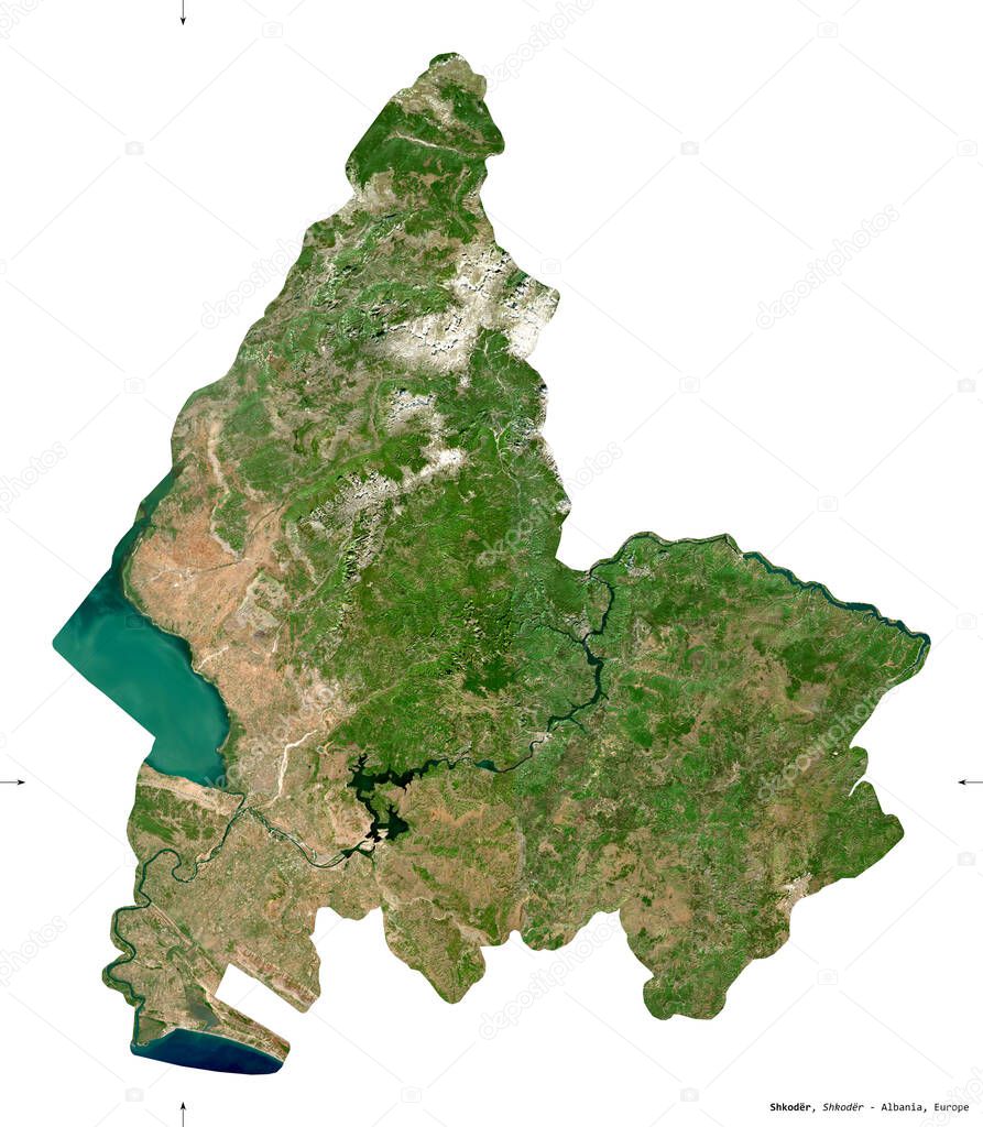 Shkoder, county of Albania. Sentinel-2 satellite imagery. Shape isolated on white. Description, location of the capital. Contains modified Copernicus Sentinel data