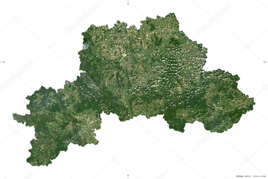 Mahilyow, region of Belarus. Sentinel-2 satellite imagery. Shape isolated on white solid. Description, location of the capital. Contains modified Copernicus Sentinel data