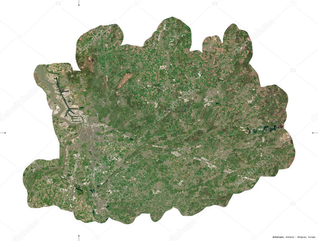 Antwerpen, province of Belgium. Sentinel-2 satellite imagery. Shape isolated on white solid. Description, location of the capital. Contains modified Copernicus Sentinel data