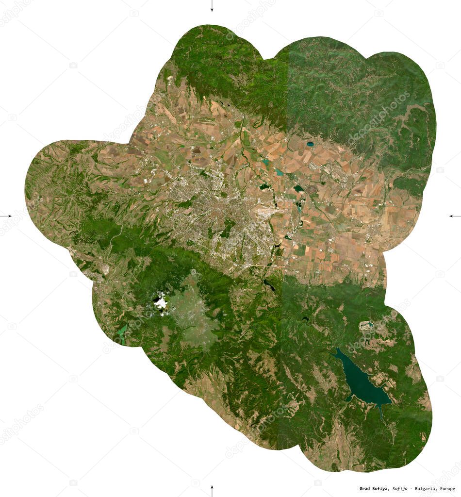Grad Sofiya, province of Bulgaria. Sentinel-2 satellite imagery. Shape isolated on white. Description, location of the capital. Contains modified Copernicus Sentinel data