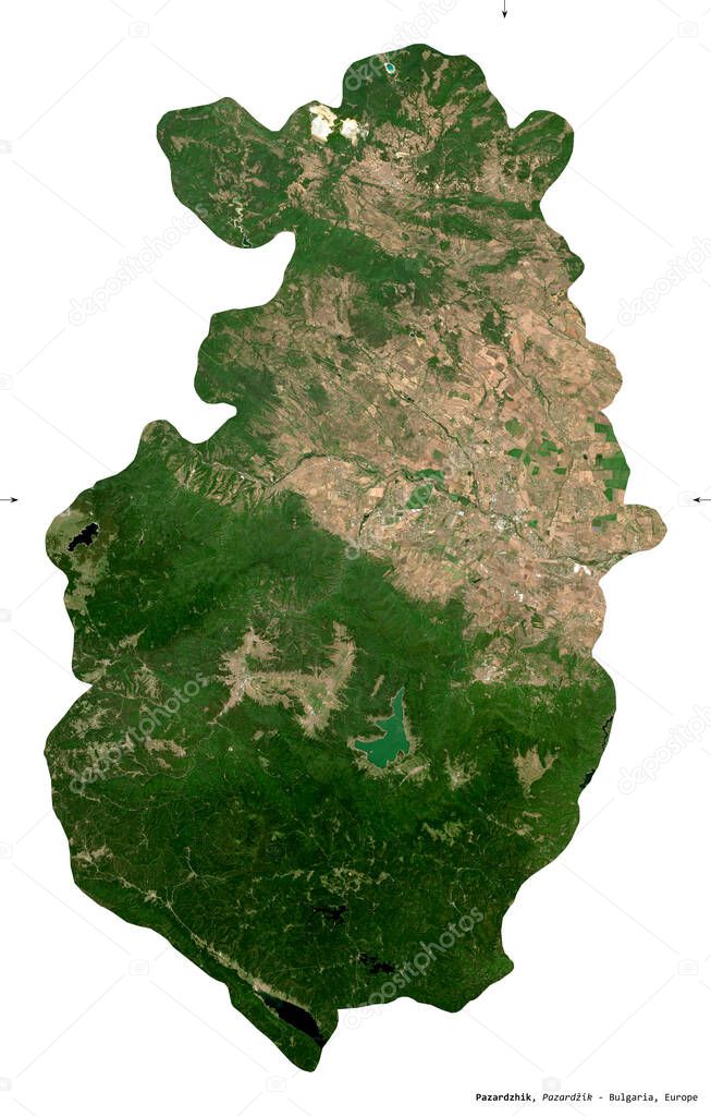 Pazardzhik, province of Bulgaria. Sentinel-2 satellite imagery. Shape isolated on white. Description, location of the capital. Contains modified Copernicus Sentinel data