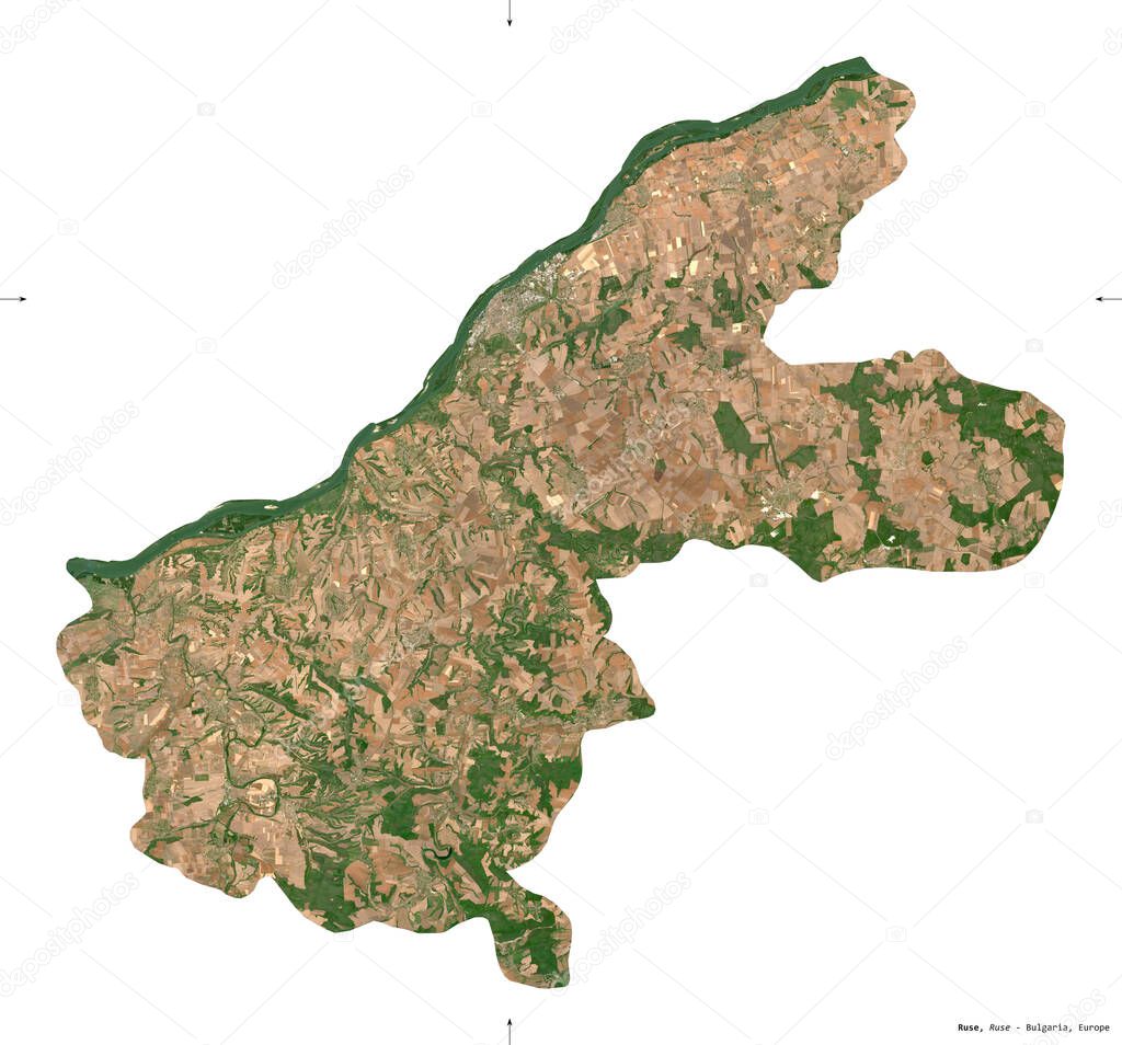 Ruse, province of Bulgaria. Sentinel-2 satellite imagery. Shape isolated on white. Description, location of the capital. Contains modified Copernicus Sentinel data