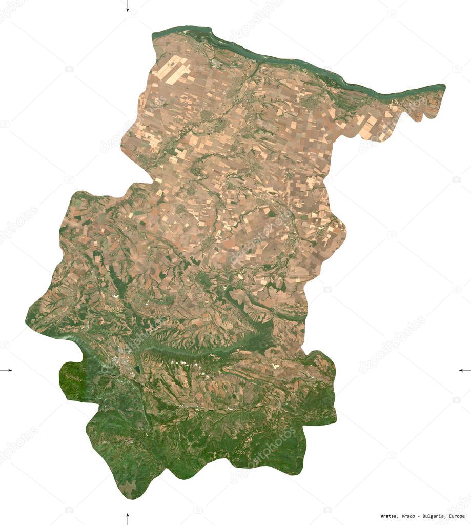 Vratsa, province of Bulgaria. Sentinel-2 satellite imagery. Shape isolated on white. Description, location of the capital. Contains modified Copernicus Sentinel data