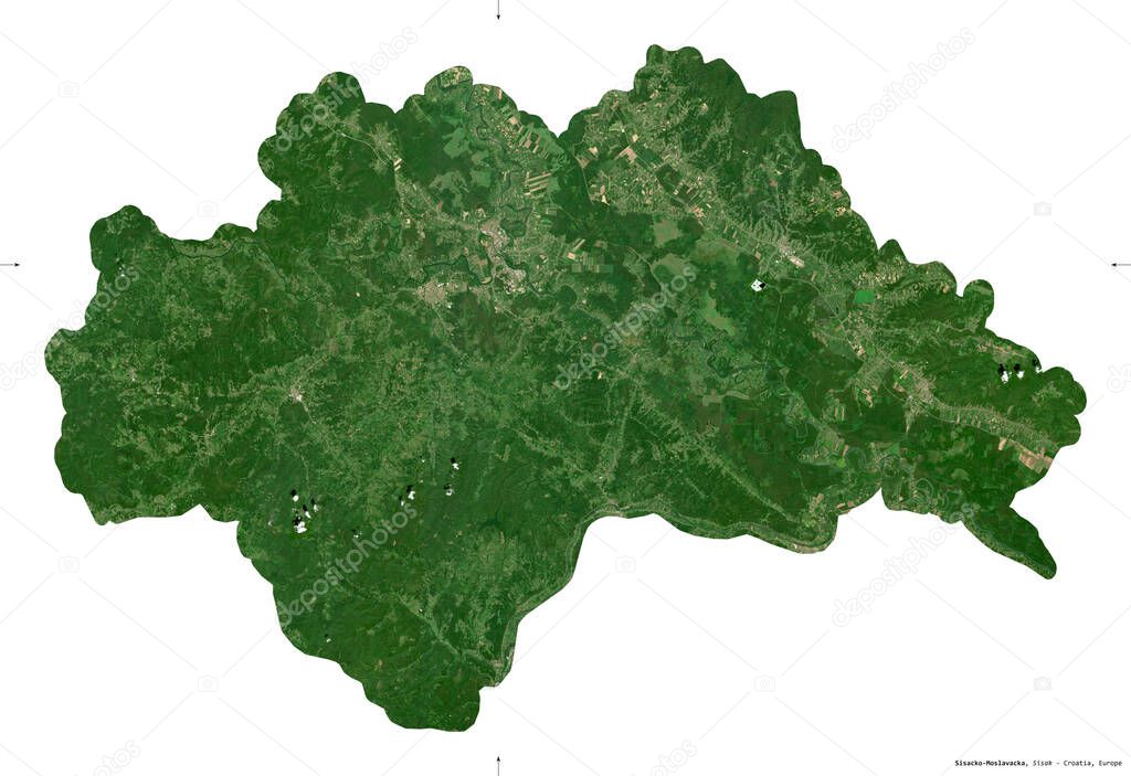 Sisacko-Moslavacka, county of Croatia. Sentinel-2 satellite imagery. Shape isolated on white. Description, location of the capital. Contains modified Copernicus Sentinel data