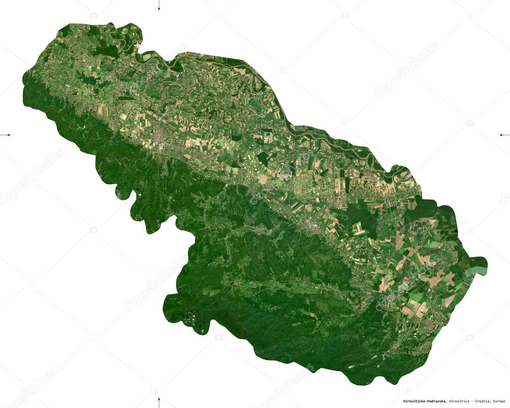 Viroviticko-Podravska, county of Croatia. Sentinel-2 satellite imagery. Shape isolated on white. Description, location of the capital. Contains modified Copernicus Sentinel data