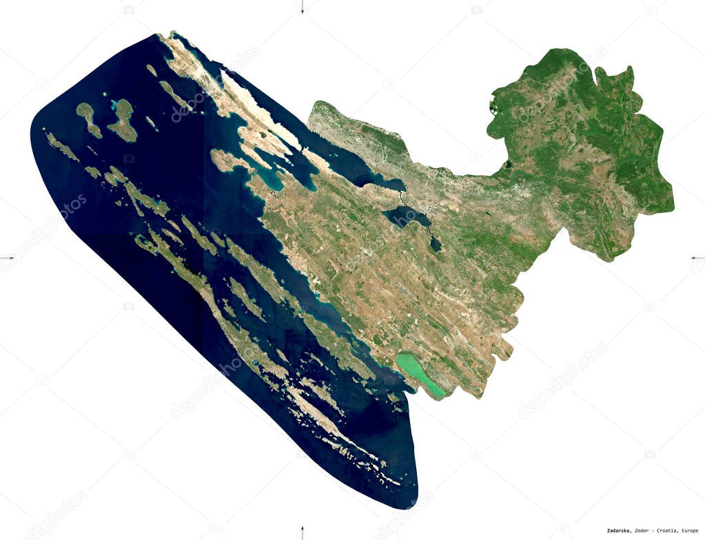Zadarska, county of Croatia. Sentinel-2 satellite imagery. Shape isolated on white. Description, location of the capital. Contains modified Copernicus Sentinel data