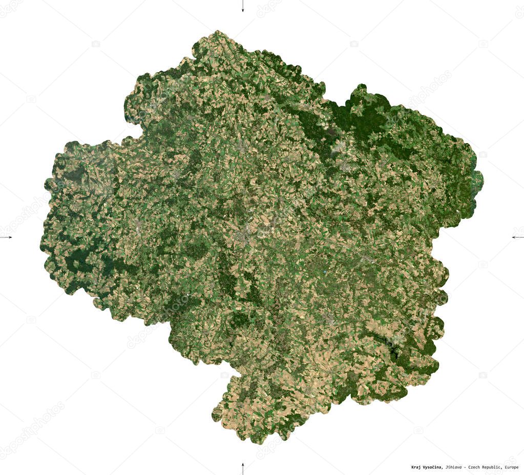 Kraj Vysocina, region of Czech Republic. Sentinel-2 satellite imagery. Shape isolated on white solid. Description, location of the capital. Contains modified Copernicus Sentinel data