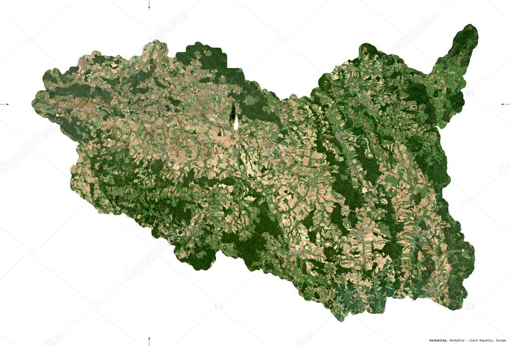 Pardubicky, region of Czech Republic. Sentinel-2 satellite imagery. Shape isolated on white solid. Description, location of the capital. Contains modified Copernicus Sentinel data