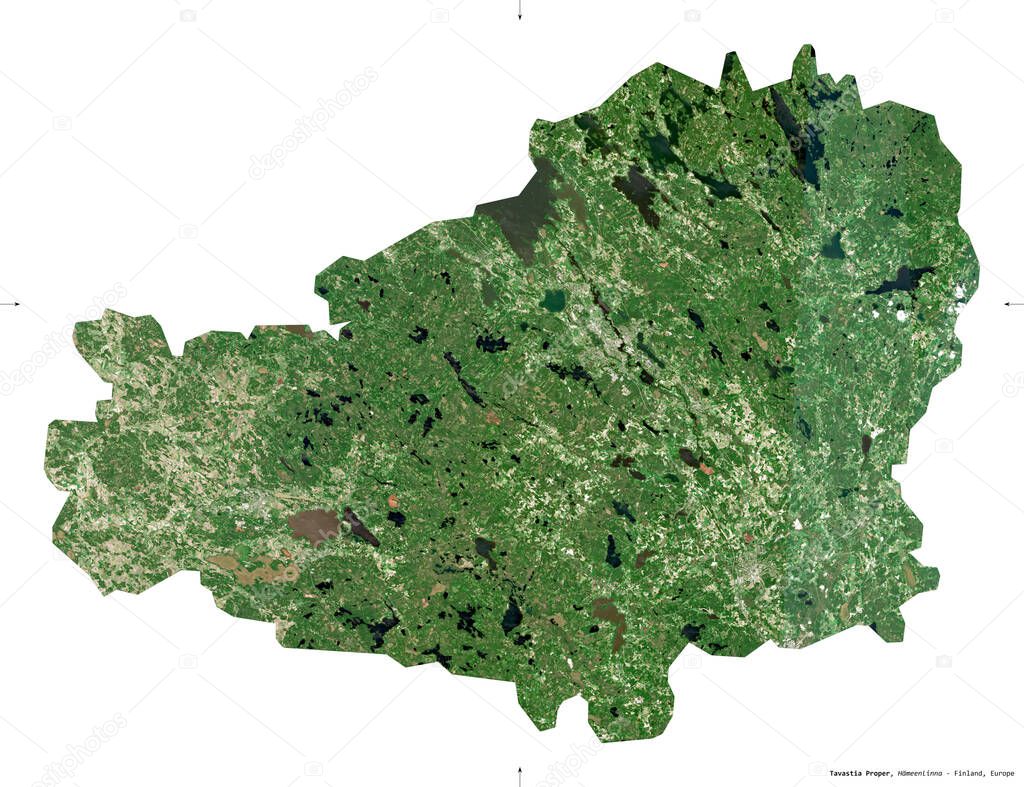 Tavastia Proper, region of Finland. Sentinel-2 satellite imagery. Shape isolated on white. Description, location of the capital. Contains modified Copernicus Sentinel data