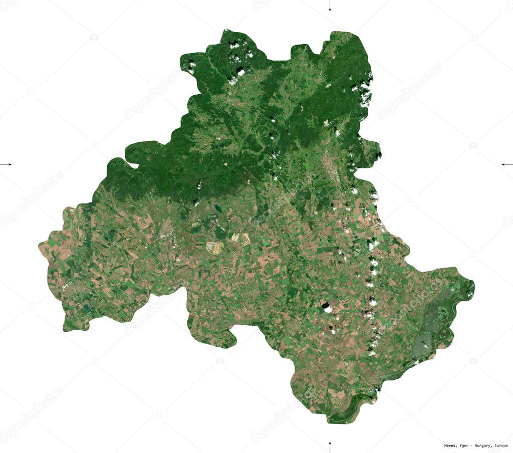 Heves, county of Hungary. Sentinel-2 satellite imagery. Shape isolated on white. Description, location of the capital. Contains modified Copernicus Sentinel data