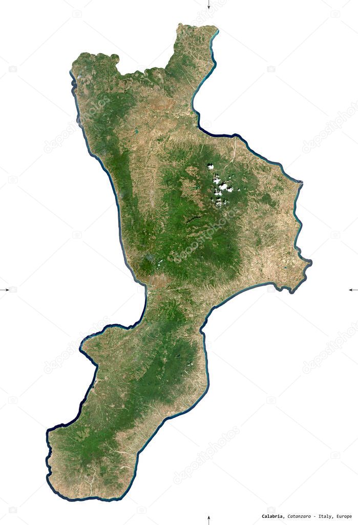 Calabria, region of Italy. Sentinel-2 satellite imagery. Shape isolated on white. Description, location of the capital. Contains modified Copernicus Sentinel data