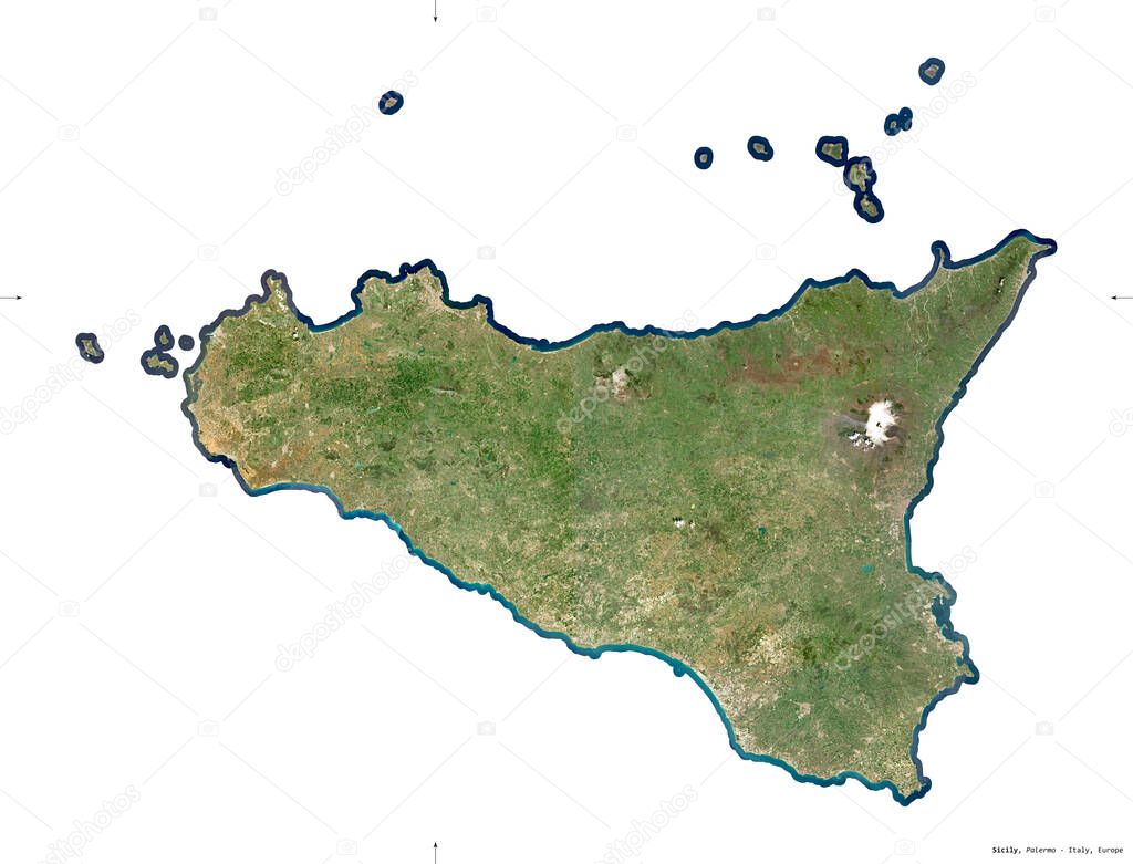 Sicily, autonomous region of Italy. Sentinel-2 satellite imagery. Shape isolated on white. Description, location of the capital. Contains modified Copernicus Sentinel data