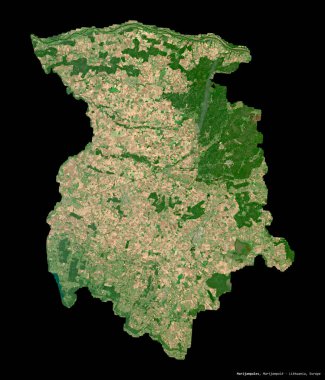 Marijampoles, Litvanya Bölgesi. Sentinel-2 uydu görüntüleri. Siyah üzerine izole edilmiş şekil. Tanımı, başkentin yeri. Değiştirilmiş Kopernik Sentinel verileri içerir