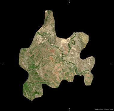 Gradsko, Makedonya belediyesi. Sentinel-2 uydu görüntüleri. Siyah üzerine izole edilmiş şekil. Tanımı, başkentin yeri. Değiştirilmiş Kopernik Sentinel verileri içerir