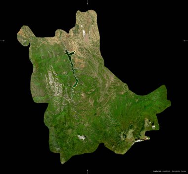 Kavadartsi, Makedonya belediyesi. Sentinel-2 uydu görüntüleri. Siyah üzerine izole edilmiş şekil. Tanımı, başkentin yeri. Değiştirilmiş Kopernik Sentinel verileri içerir