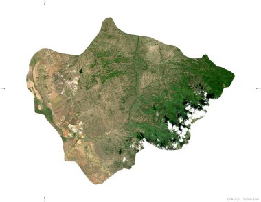 Novatsi, Makedonya belediyesi. Sentinel-2 uydu görüntüleri. Beyaz üzerinde izole edilmiş şekil. Tanımı, başkentin yeri. Değiştirilmiş Kopernik Sentinel verileri içerir