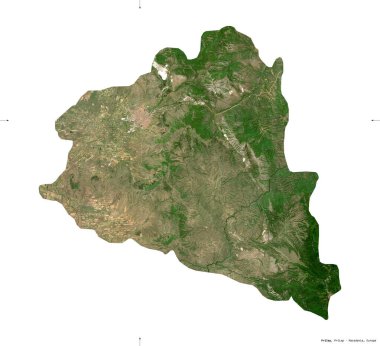 Prilep, Makedonya belediyesi. Sentinel-2 uydu görüntüleri. Beyaz üzerinde izole edilmiş şekil. Tanımı, başkentin yeri. Değiştirilmiş Kopernik Sentinel verileri içerir