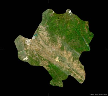 Radovis, Makedonya belediyesi. Sentinel-2 uydu görüntüleri. Siyah üzerine izole edilmiş şekil. Tanımı, başkentin yeri. Değiştirilmiş Kopernik Sentinel verileri içerir