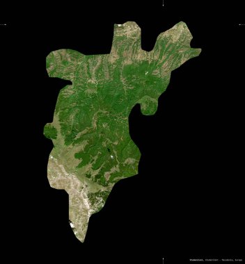 Studenicani, Makedonya belediyesi. Sentinel-2 uydu görüntüleri. Siyah üzerine izole edilmiş şekil. Tanımı, başkentin yeri. Değiştirilmiş Kopernik Sentinel verileri içerir