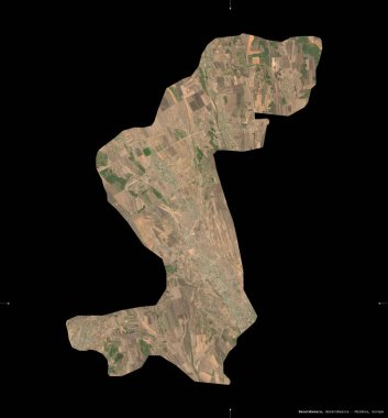 Moldova 'nın Basarabeasca ilçesi. Sentinel-2 uydu görüntüleri. Siyah üzerine izole edilmiş şekil. Tanımı, başkentin yeri. Değiştirilmiş Kopernik Sentinel verileri içerir