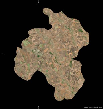 Drochia, Moldova bölgesi. Sentinel-2 uydu görüntüleri. Siyah üzerine izole edilmiş şekil. Tanımı, başkentin yeri. Değiştirilmiş Kopernik Sentinel verileri içerir