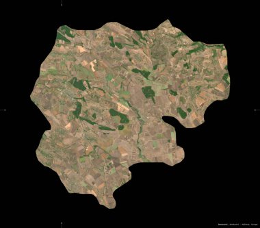 Donduseni, Moldova bölgesi. Sentinel-2 uydu görüntüleri. Siyah üzerine izole edilmiş şekil. Tanımı, başkentin yeri. Değiştirilmiş Kopernik Sentinel verileri içerir