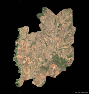 Leova, Moldova bölgesi. Sentinel-2 uydu görüntüleri. Siyah üzerine izole edilmiş şekil. Tanımı, başkentin yeri. Değiştirilmiş Kopernik Sentinel verileri içerir