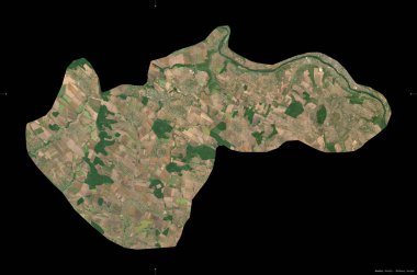 Ocnita, Moldova bölgesi. Sentinel-2 uydu görüntüleri. Siyah üzerine izole edilmiş şekil. Tanımı, başkentin yeri. Değiştirilmiş Kopernik Sentinel verileri içerir