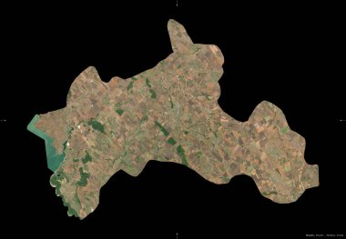 Riscani, Moldova bölgesi. Sentinel-2 uydu görüntüleri. Siyah üzerine izole edilmiş şekil. Tanımı, başkentin yeri. Değiştirilmiş Kopernik Sentinel verileri içerir