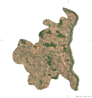 Moldova 'nın Rezina ilçesi. Sentinel-2 uydu görüntüleri. Beyaz üzerinde izole edilmiş şekil. Tanımı, başkentin yeri. Değiştirilmiş Kopernik Sentinel verileri içerir