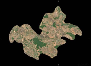 Moldova 'nın Soldanesti ilçesi. Sentinel-2 uydu görüntüleri. Siyah üzerine izole edilmiş şekil. Tanımı, başkentin yeri. Değiştirilmiş Kopernik Sentinel verileri içerir