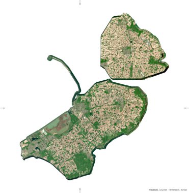 Flevoland, Hollanda vilayeti. Sentinel-2 uydu görüntüleri. Beyaz üzerinde izole edilmiş şekil. Tanımı, başkentin yeri. Değiştirilmiş Kopernik Sentinel verileri içerir